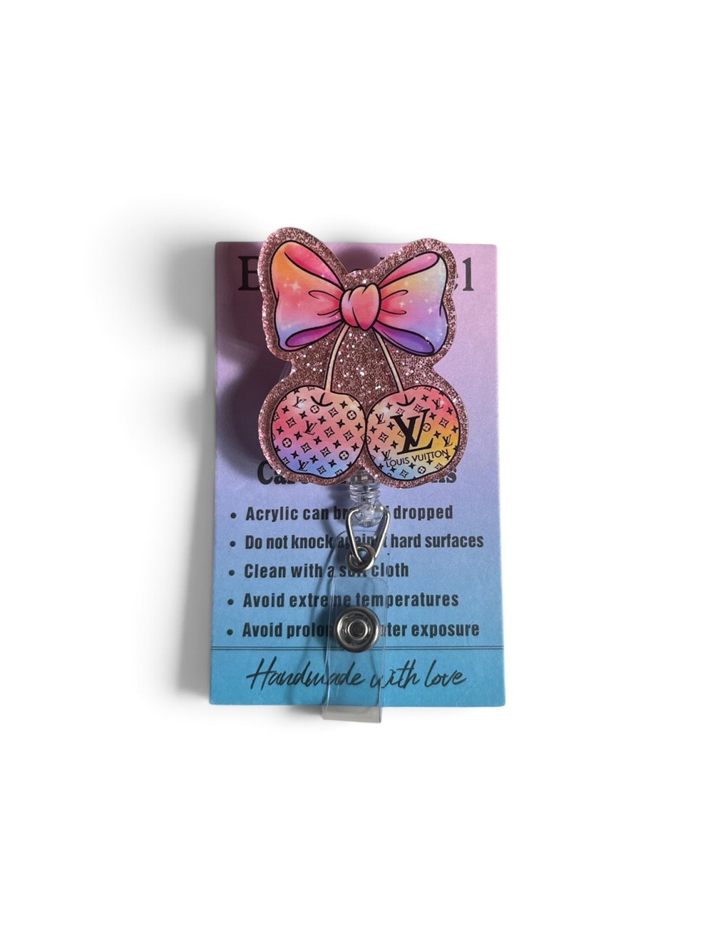 Pink Glitter Cherry Badge Reel with Bow